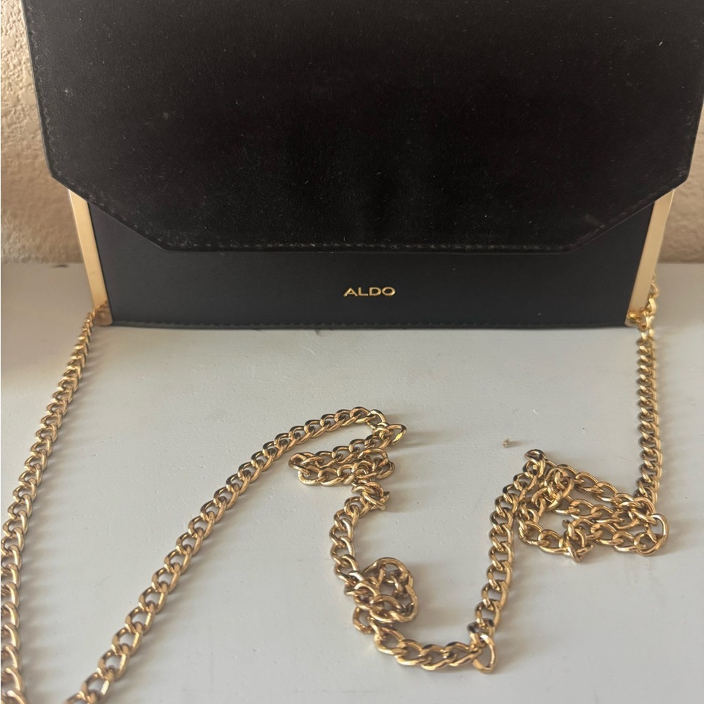 Aldo Elegant Black Clutch with Gold Chain